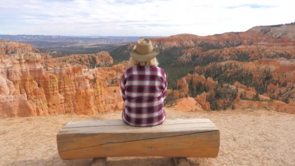 Mulher se senta no log e olha vista para um belo Panorama do Bryce Canyon — Vídeo de Stock