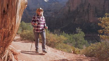 Bir uzun yürüyüşe çıkan kimse kadın Trekking güzergahları üzerinde Zion Canyon kırmızı kayalar yürür.