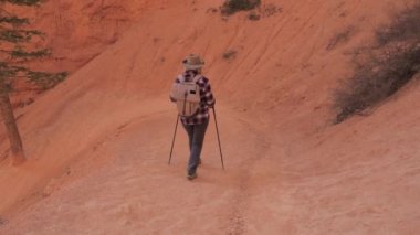 Bryce Canyon kaya duvarının yakınında serpantin patika üzerinde uzun yürüyüşe çıkan kimse kadın iner