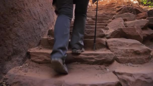 Femmes Pieds Randonnée pédestre avec difficulté Escalade Les Étapes De Pierre Dans Le Canyon Rouge — Video