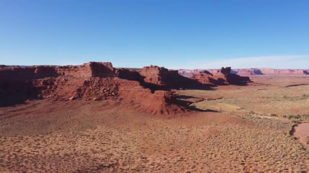 Aerial At Canyon With Red Rocks In The Dried Desert With Red Sand Western Usa — Stock Video