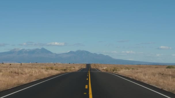 Conduire sur la route en allant dans la distance à travers le désert sur fond de montagnes — Video