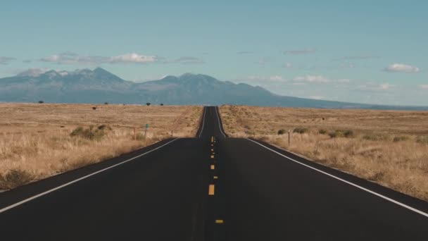Rijden op de weg gaat in de afstand door woestijn op de achtergrond van de bergen — Stockvideo