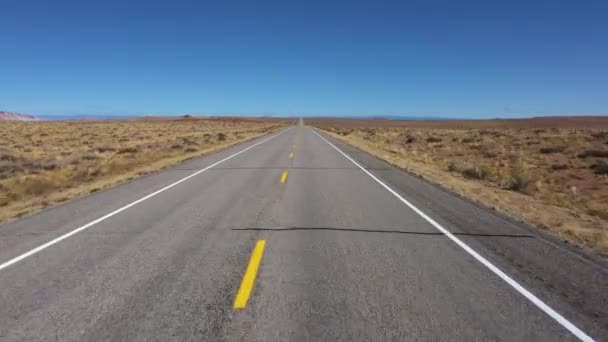 Dirigir em uma estrada vazia passando pela vista aérea quente da estepe do deserto — Vídeo de Stock