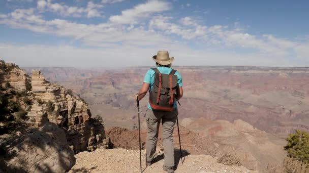Mujer excursionista camina al borde del acantilado del Gran Cañón y levanta sus manos hacia el éxito — Vídeos de Stock