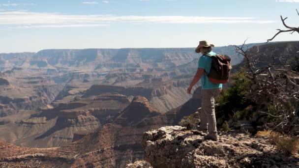 Wandelaar actieve vrouw loopt de rand van Grand Canyon Cliff en heft haar armen omhoog — Stockvideo