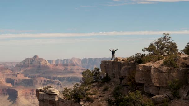 Caminhante mulher ficar à beira do Grand Canyon Cliff e levanta as mãos para cima e saltar — Vídeo de Stock