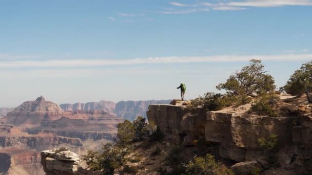 Turistka žena stojí na okraji Grand Canyon sundá si klobouk a vlny k ní — Stock video