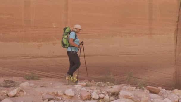 Turista túrázás egy sivatagi nyíláson kanyon narancs monolitikus sziklák az USA-ban — Stock videók
