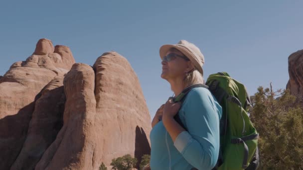Tourist κοιτάζει γύρω και λέει Wow μεταξύ των όμορφων σχηματισμών βράχων — Αρχείο Βίντεο