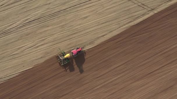 農業分野で穀物の種子を植えるトラクター空中トップビュー — ストック動画