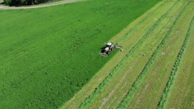 Saman ya da Hayvancılık için Yeşil Çim biçen Traktördeki İşçi Hava Görünümü