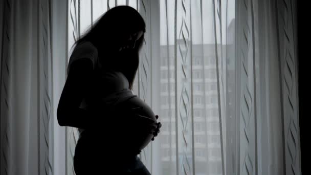 Силуэт беременной женщины, гладящей и ласкающей живот у окна — стоковое видео
