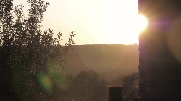 Los cálidos rayos de sol al atardecer en un caluroso día de verano brillan en la cámara — Vídeo de stock