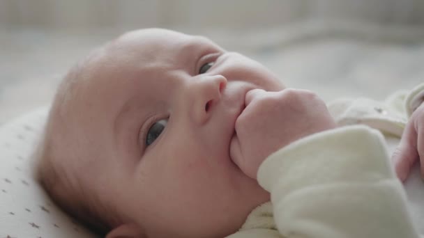 Close-up van een pasgeboren baby zuigen zijn kleine vingers — Stockvideo