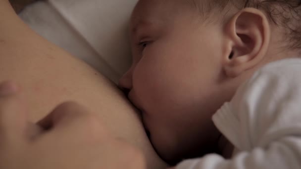 Женщина кормит грудным молоком своего новорожденного малыша вблизи, когда он лежит в постели — стоковое видео
