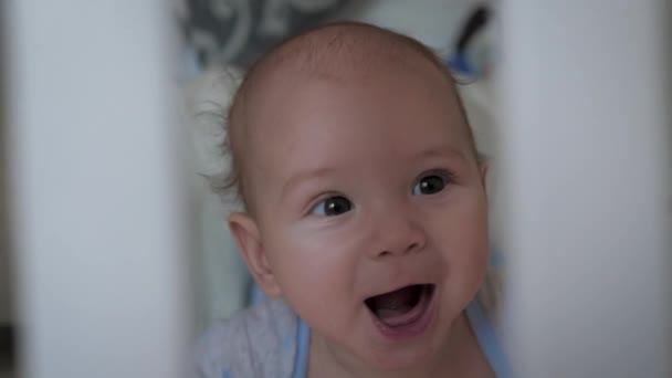 Persistente sorrindo engraçado pequeno bebê no berço da criança tenta se levantar em todas as quatro — Vídeo de Stock