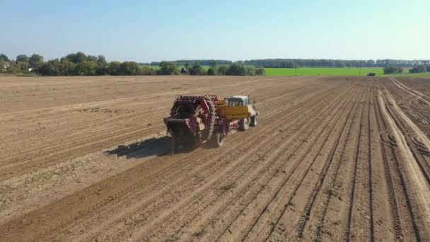 Skörda mogna potatis med traktor släpvagn kör genom landsbygden Flygfoto — Stockvideo