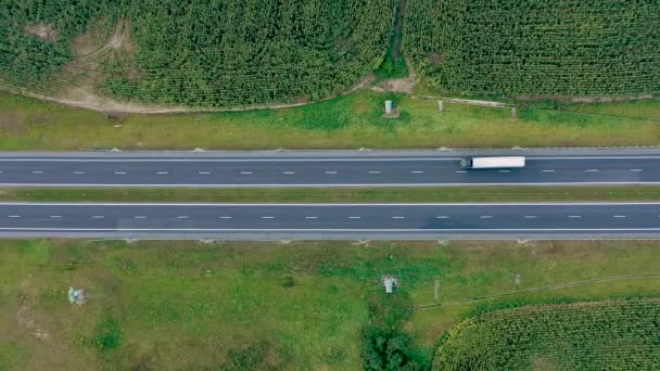 Intercity Speed Highway With Moving Truck With Cargo Aerial View — Stock Video