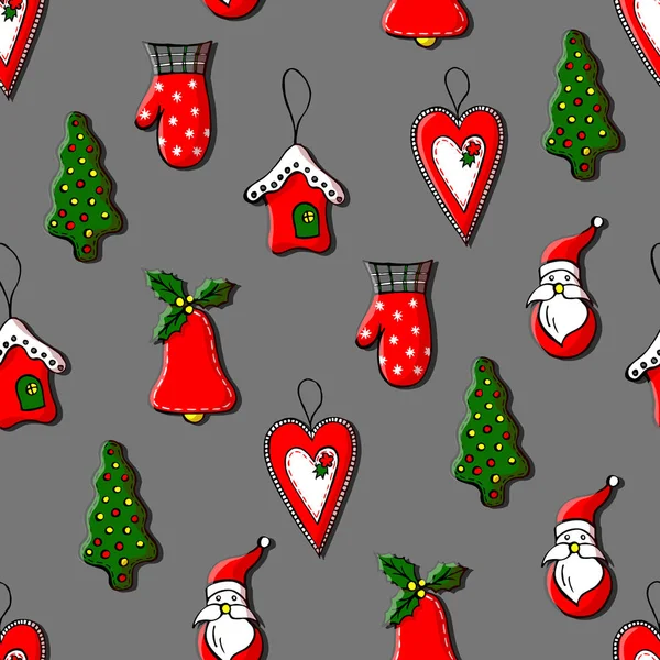 Красочные игрушки на Рождество. Бесшовная текстура с рождественскими предметами, выполненными в ручной росписи. Рэг-хаус, перчатки, олень, Санта и елка . — стоковый вектор