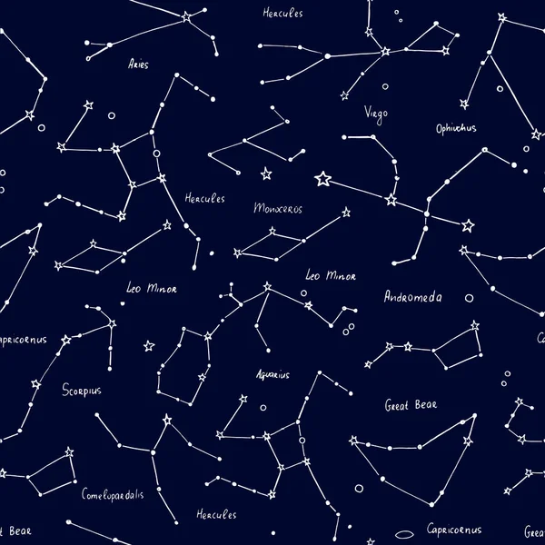 Konstelacja bezszwowa faktura. Andromeda, Ophiuchus, Baran, Koziorożec, Mniejszy Lew, Panna, Comelpoardalis, Wielki Niedźwiedź, Baran, Scorpie, Leo Minor, Monoceros, Wodnik, Herkules symbole przestrzeni. — Wektor stockowy