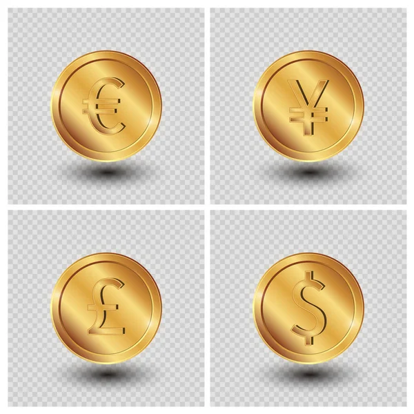 Conjunto de moedas de Ouro Euro, Dólar, Libra e Yuan 3d. Vector Dinheiro no fundo transparente . — Vetor de Stock