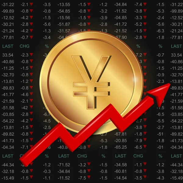 Moedas de Yuan 3d com a linha de tendência crescente. Dinheiro do vetor em segundo plano com os índices de ações . — Vetor de Stock