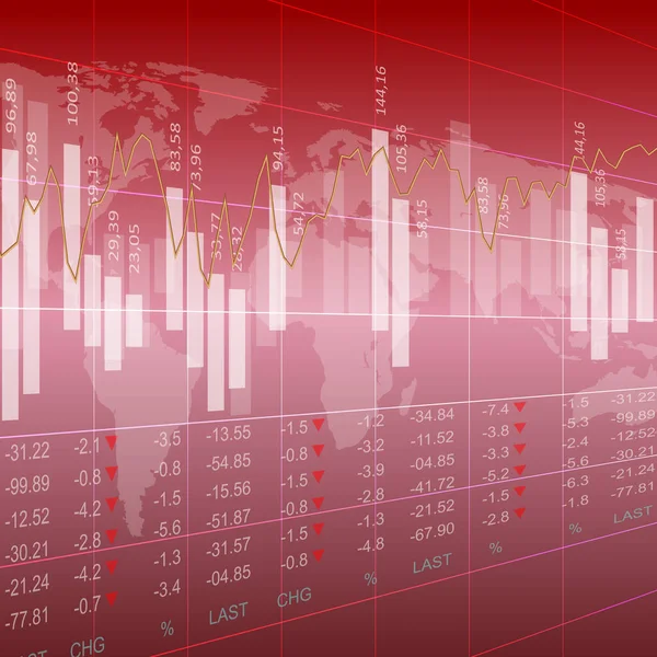 Business aktiemarknadsdiagram på den färgstarka bakgrunden med världskartan och staplar aktiemarknaden. — Stock vektor