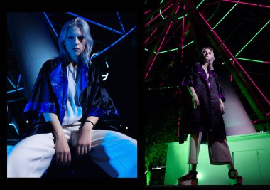 Moda silah Asya tarzı, gece city, neon ışıkları ve giyimleri, profesyonel model. Sokak moda stil.