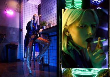 Moda silah Asya tarzı, gece city, neon ışıkları ve giyimleri, profesyonel model. Sokak moda stil.