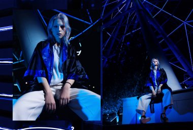 Moda silah Asya tarzı, gece city, neon ışıkları ve giyimleri, profesyonel model. Sokak moda stil.