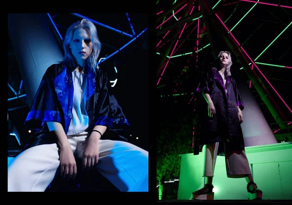 Moda silah Asya tarzı, gece city, neon ışıkları ve giyimleri, profesyonel model. Sokak moda stil.