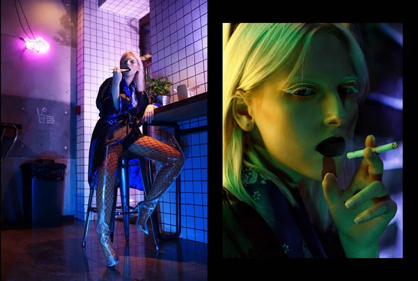 Moda silah Asya tarzı, gece city, neon ışıkları ve giyimleri, profesyonel model. Sokak moda stil.