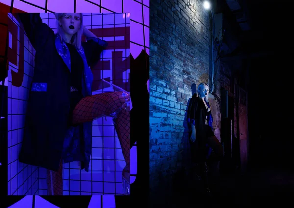 Moda silah Asya tarzı, gece city, neon ışıkları ve giyimleri, profesyonel model. Sokak moda stil.