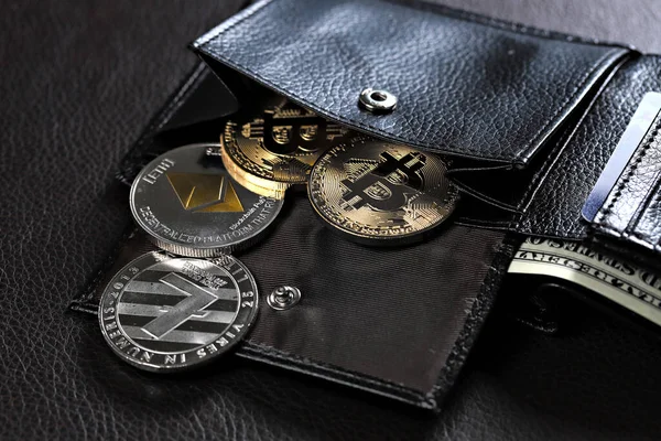 Bitcoins Oro Cartera Cuero Enfoque Superficial Imagen de archivo
