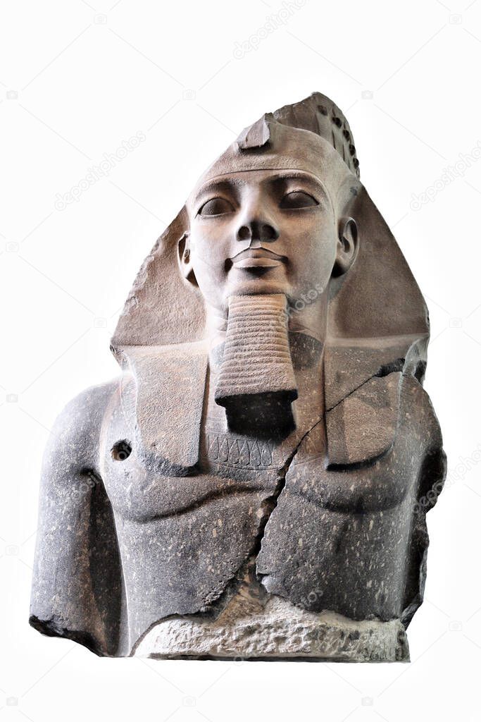 Statue of Ramses II in British Museum, isolated on white background, shallow focus