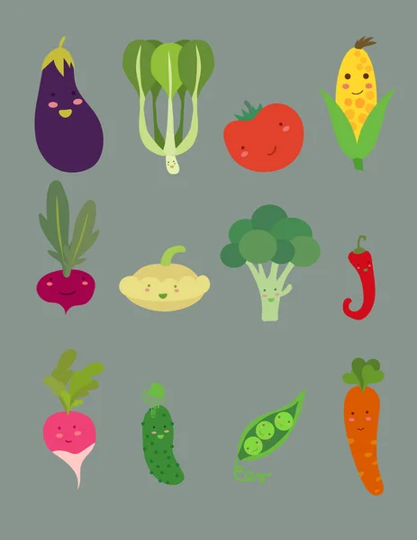Bonito desenhos animados vegetais isolados em fundo cinza. Rostos vegetais engraçados . — Vetor de Stock