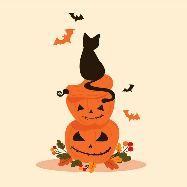 Objetos de Halloween - gato negro se sienta en calabazas — Archivo Imágenes Vectoriales