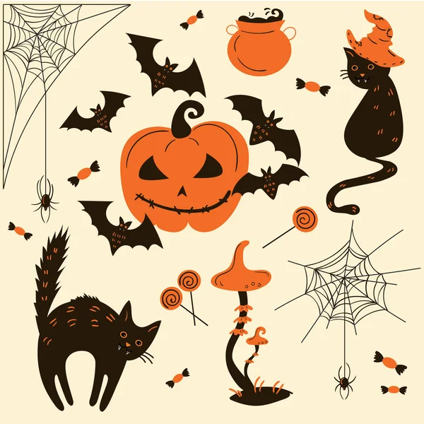 Gatos y calabazas de Halloween. Truco o tratar objeto — Archivo Imágenes Vectoriales