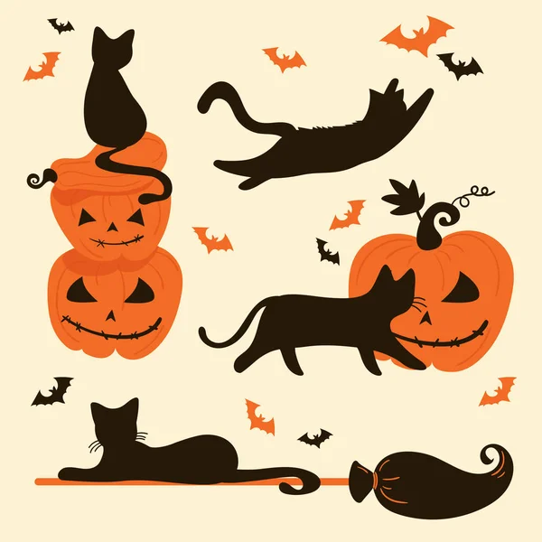 Gatos y calabazas de Halloween. Truco o tarjeta de regalo — Archivo Imágenes Vectoriales