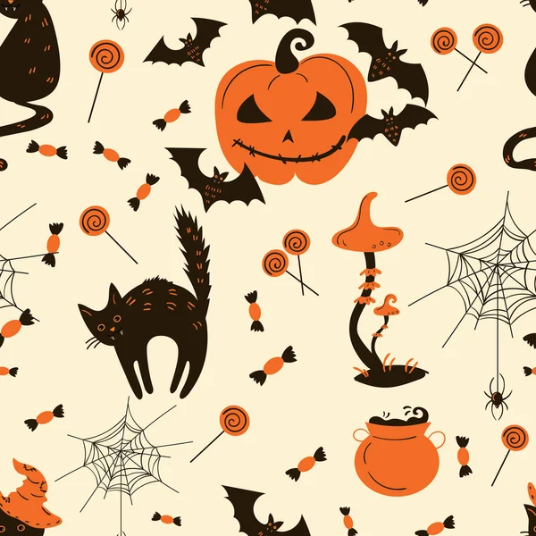 Patrón sin costuras de gatos y calabazas de Halloween — Archivo Imágenes Vectoriales