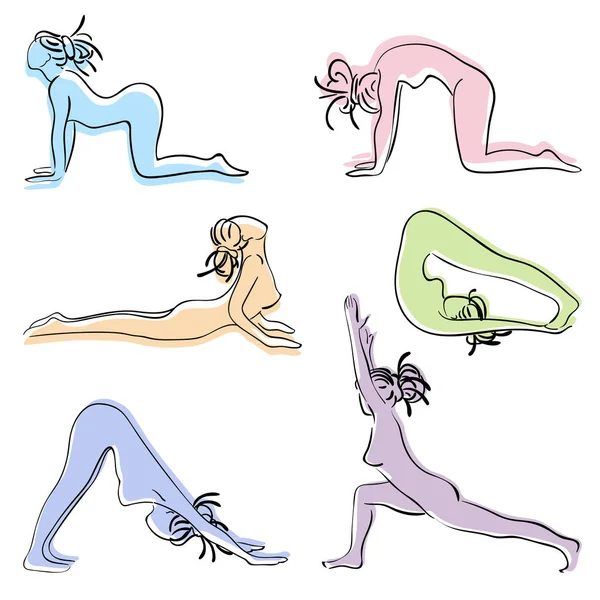 Set with beautiful woman in various poses of yoga — Stock Vector