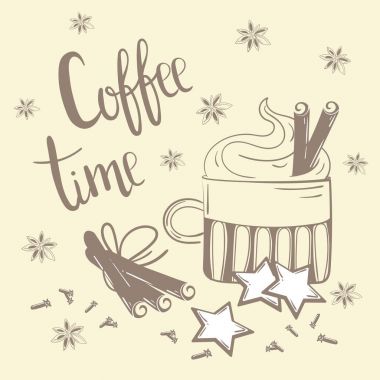 Kahve Saati metin. Kahve, tarçın ve karanfil