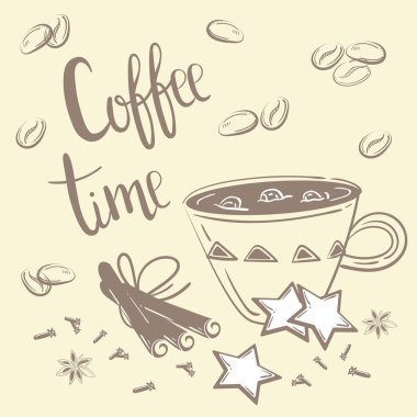 Kahve Saati metin. Kahve, tarçın ve karanfil