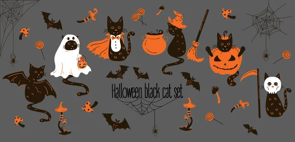 Gatos negros de Halloween. Truco o tratar objetos — Archivo Imágenes Vectoriales