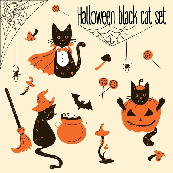 Gatos negros de Halloween. Truco o tratar objetos — Archivo Imágenes Vectoriales