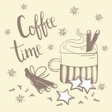 Kahve Saati metin. Kahve, tarçın ve karanfil