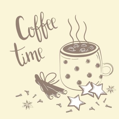 Kahve Saati metin. Kahve, tarçın ve karanfil