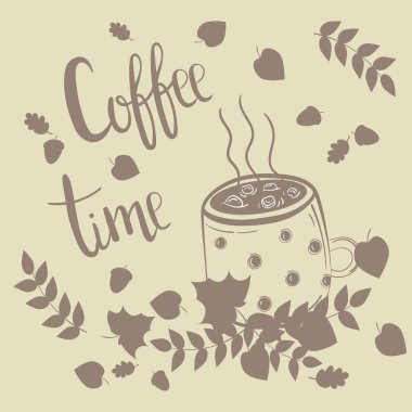 Kahve fincanı sonbahar yaprakları. Kahve Saati metin