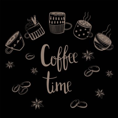 Kahve bardakları kümesi. Kahve Saati metin